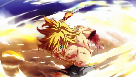 HD desktop wallpaper featuring Meliodas from The Seven Deadly Sins anime, captured in a dynamic battle scene with vibrant colors.