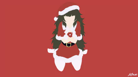 Minimalist HD anime wallpaper of Maho Hiyajo from Steins;Gate 0 wearing a red Christmas dress, Santa hat, gloves, and belt with long brown hair.