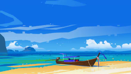 Artistic HD desktop wallpaper of a boat resting on a sandy shore with a vibrant blue sea and sky in the background.