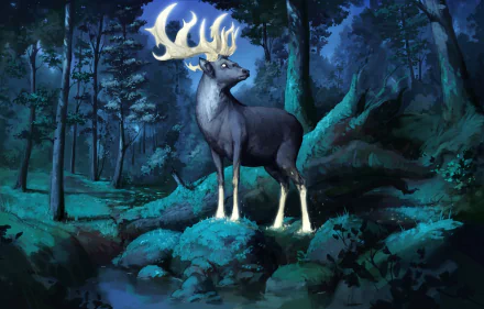 A majestic deer with glowing antlers stands in a mystical forest at night, featured in a high-definition fantasy PC desktop wallpaper.