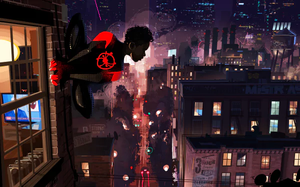 Miles Morales as Spider-Man clings to a building in New York City at night in this HD desktop wallpaper from Spider-Man: Into The Spider-Verse.