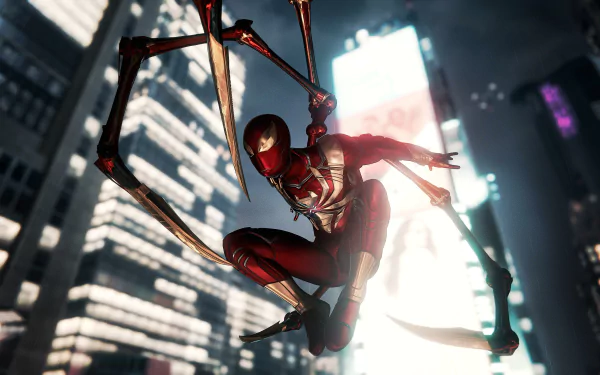 Iron-Spider from Spider-Man (PS4) swings through a cityscape in this 4K Ultra HD video game desktop wallpaper.