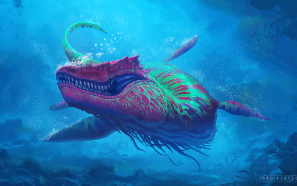 4K Ultra HD PC desktop wallpaper: a luminous underwater fantasy sea monster — massive, whale-like with neon stripes, a toothy maw and trailing tendrils.