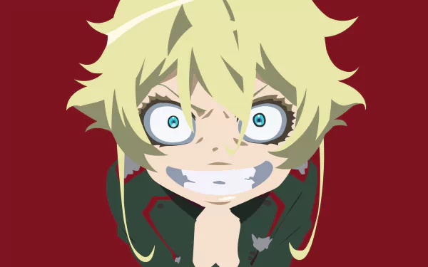 Tanya Degurechaff (The Saga of Tanya the Evil) close-up: manic grin, wide blue eyes, blond hair and military uniform on red background — 4K Ultra HD anime PC wallpaper