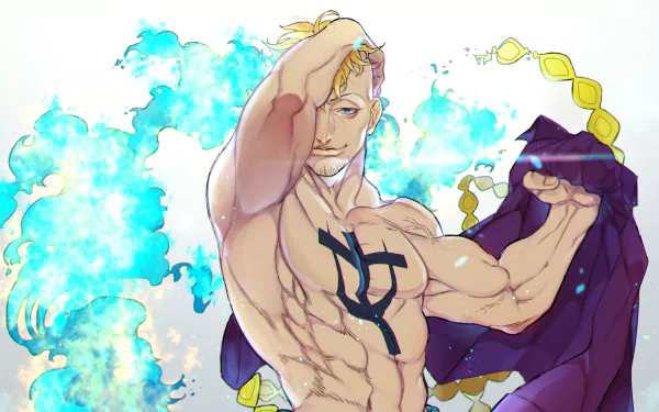 HD PC desktop wallpaper of Marco (One Piece) — anime-style shirtless, muscular Marco amid blue phoenix flames, black chest mark and purple cloak, striking a confident pose.