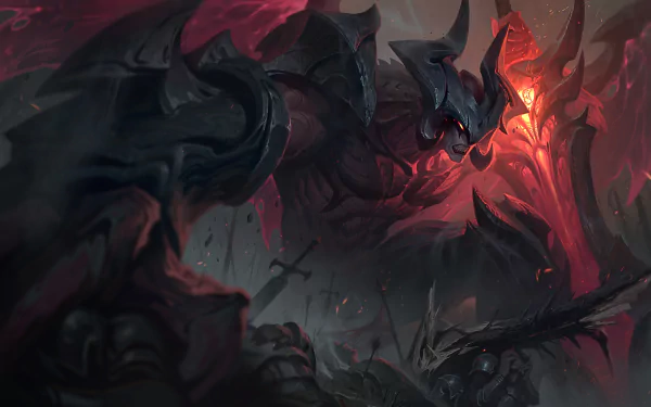 Aatrox, the dark warrior from League of Legends, depicted in intense battle amid fiery, shadowy surroundings in this 4K Ultra HD PC desktop wallpaper.