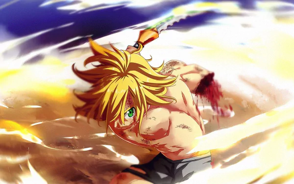 HD desktop wallpaper featuring Meliodas from The Seven Deadly Sins anime, captured in a dynamic battle scene with vibrant colors.