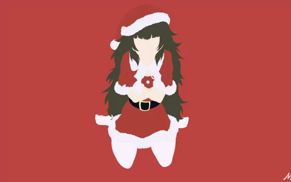 Minimalist HD anime wallpaper of Maho Hiyajo from Steins;Gate 0 wearing a red Christmas dress, Santa hat, gloves, and belt with long brown hair.