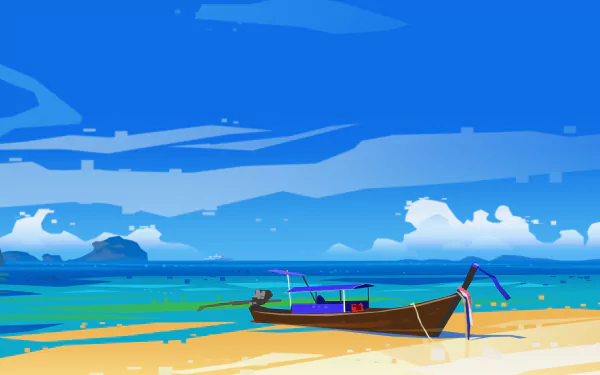 Artistic HD desktop wallpaper of a boat resting on a sandy shore with a vibrant blue sea and sky in the background.