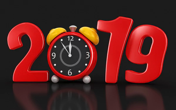 Holiday New Year 2019 8K Ultra HD PC desktop wallpaper: red 2019 numerals on a black background, the 0 as an alarm clock with yellow bells showing midnight, glossy reflection.