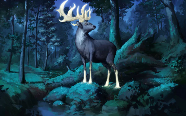 A majestic deer with glowing antlers stands in a mystical forest at night, featured in a high-definition fantasy PC desktop wallpaper.