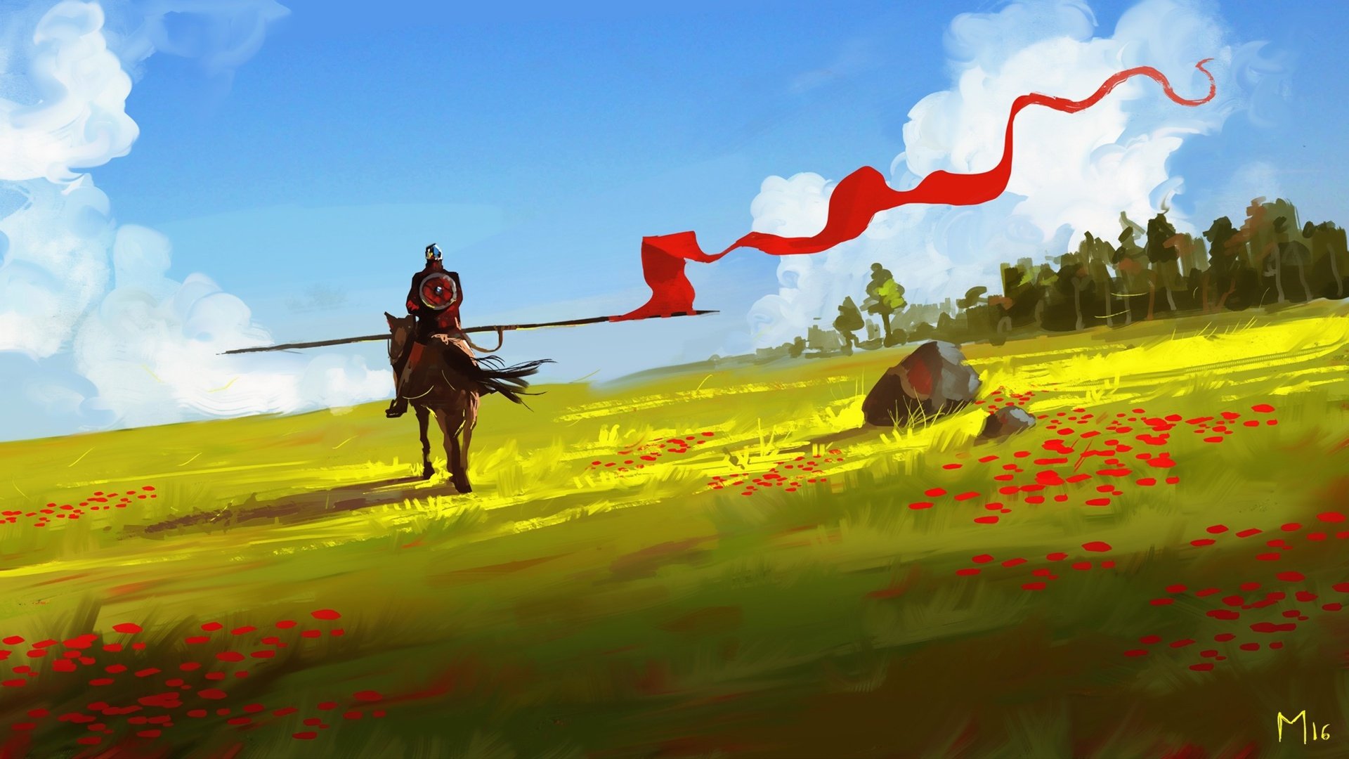 A fantasy warrior on horseback rides through a vibrant field, holding a long spear with a flowing red banner, under a bright blue sky in this HD desktop wallpaper.