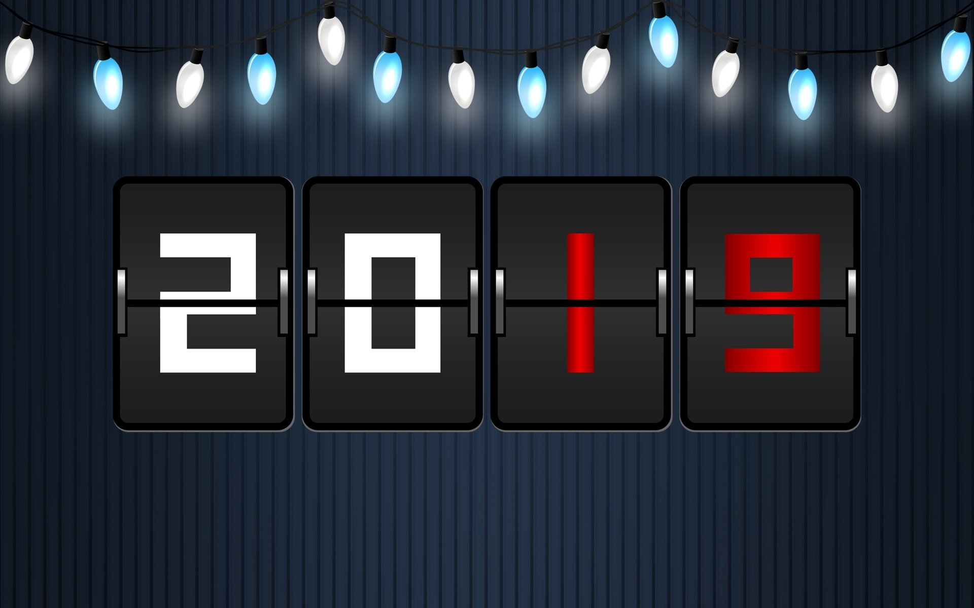 Holiday New Year 2019 2K Quad HD PC desktop wallpaper: flip-clock panels reading 2019 beneath blue-and-white string lights on a dark vertically striped background.
