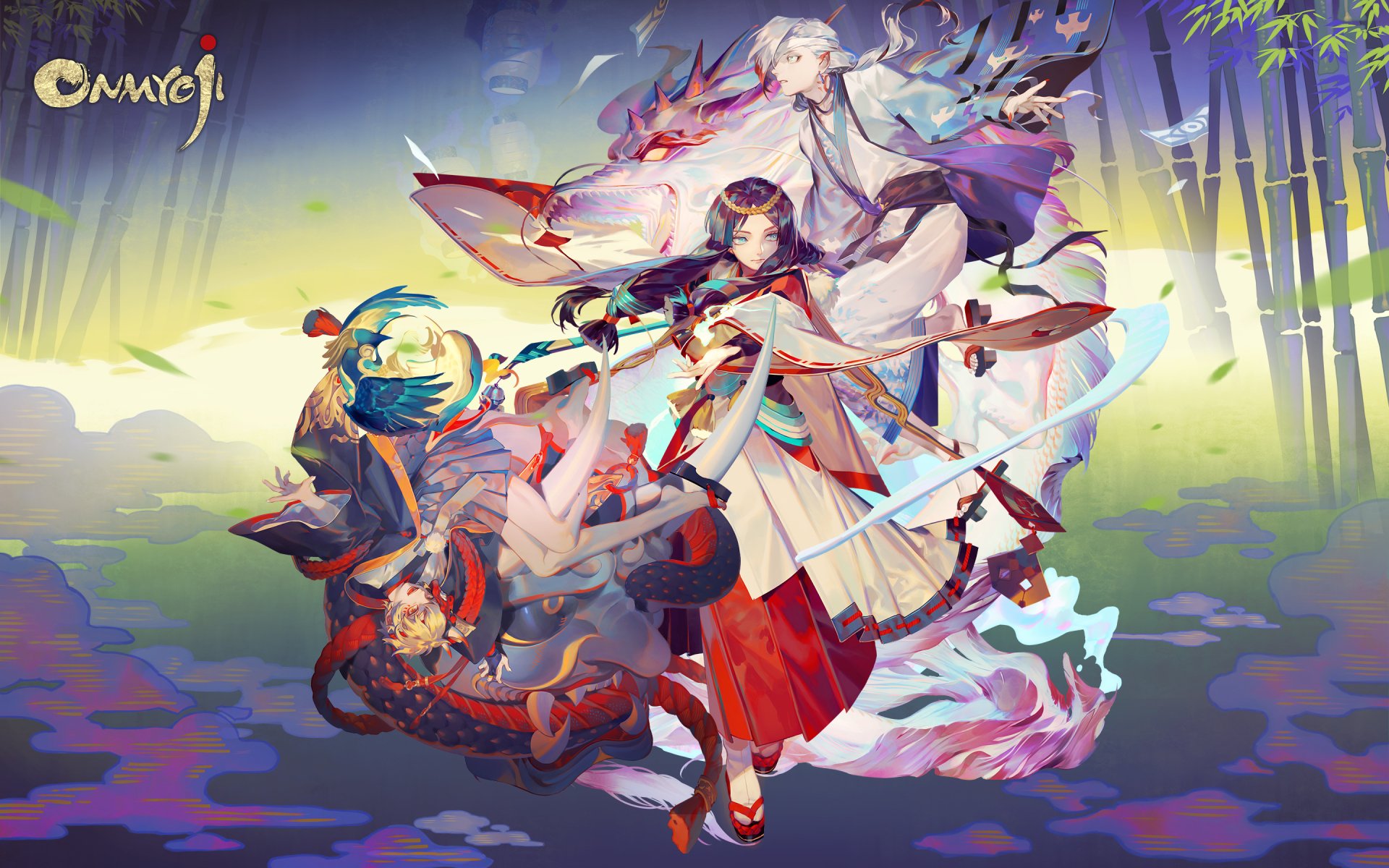 HD Onmyoji-themed desktop wallpaper featuring stylized characters in a vibrant, mystical setting.