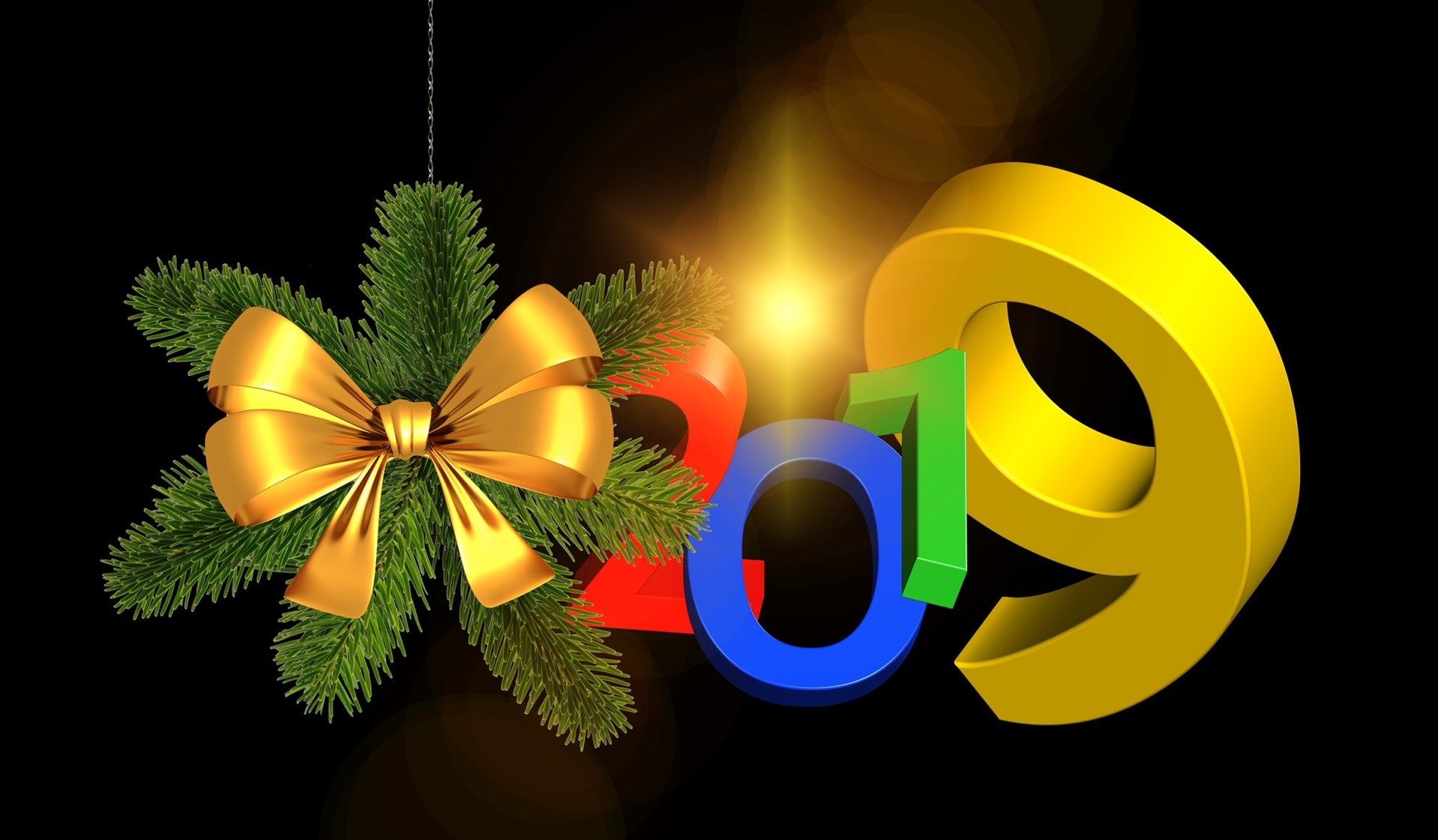 Holiday New Year 2019 HD PC desktop wallpaper/background: colorful 2019 numerals with a large gold 9, fir sprig and shiny gold bow on a dark bokeh background.