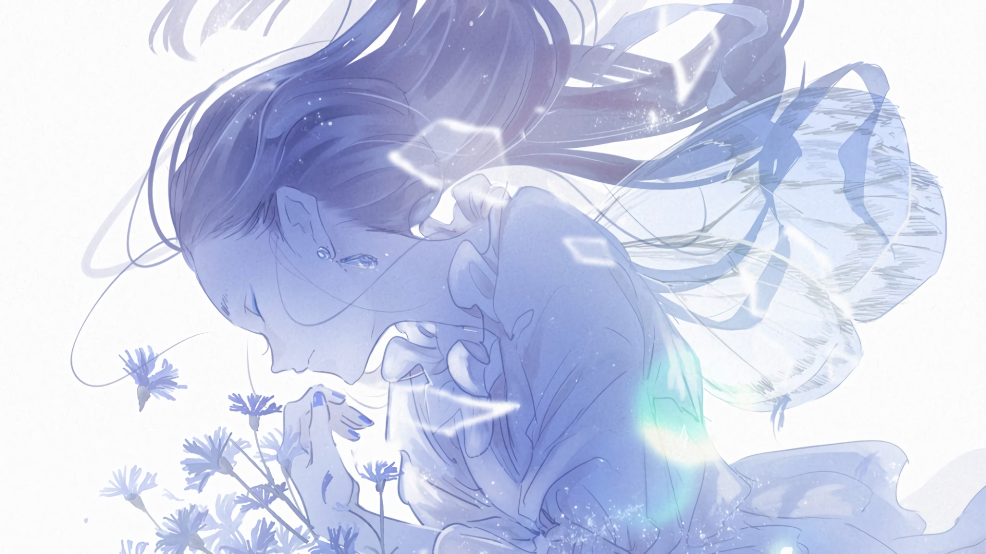 Anime artwork featuring a serene character in profile, surrounded by flowers. The soft pastel colors and ethereal design create a peaceful HD desktop wallpaper and background.