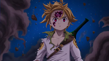 HD desktop wallpaper featuring Meliodas from The Seven Deadly Sins anime, posed against a night sky with floating debris.