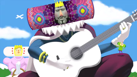 HD desktop wallpaper from Katamari Damacy Reroll featuring the King of All Cosmos playing a guitar with a character rolling a katamari in the background.