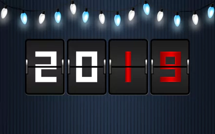 Holiday New Year 2019 2K Quad HD PC desktop wallpaper: flip-clock panels reading 2019 beneath blue-and-white string lights on a dark vertically striped background.