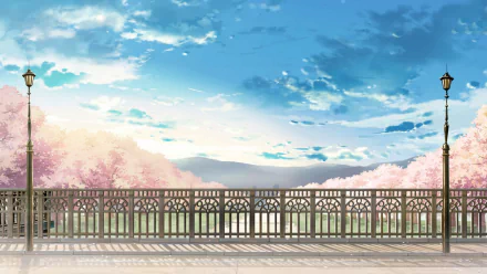 HD desktop wallpaper from I Want To Eat Your Pancreas featuring a serene bridge and cherry blossoms against a blue sky.