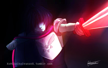 HD PC desktop wallpaper featuring Kris from the video game Deltarune, wielding a glowing red sword in a dark, dramatic scene.