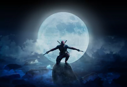 HD PC desktop wallpaper of Deadpool from Deadpool 2 movie, silhouetted against a large full moon with a dark, cloudy night background.