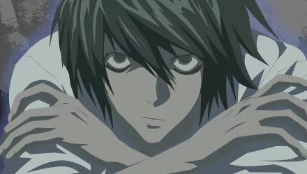 HD anime desktop wallpaper featuring L from Death Note with intense eyes and dark hair, capturing the character's signature thoughtful pose and mood.