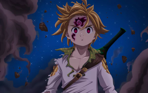 HD desktop wallpaper featuring Meliodas from The Seven Deadly Sins anime, posed against a night sky with floating debris.