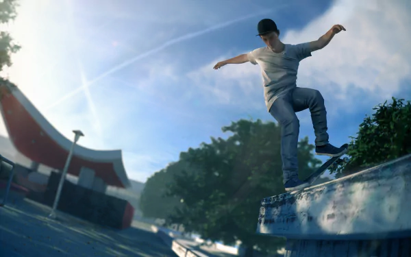 HD desktop wallpaper of a Skater XL scene showing a character executing a trick on a sunlit urban skatepark.