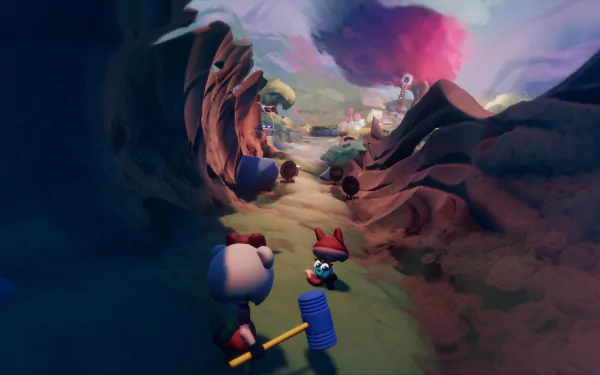 HD wallpaper featuring a stylized dreamlike landscape with cartoon characters, one wielding a mallet, set against a vibrant sky.