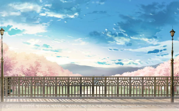 HD desktop wallpaper from I Want To Eat Your Pancreas featuring a serene bridge and cherry blossoms against a blue sky.