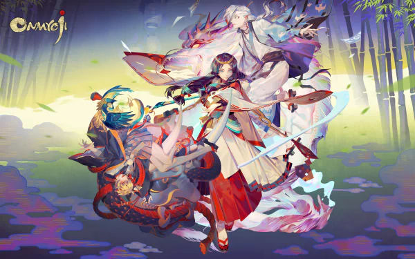 HD Onmyoji-themed desktop wallpaper featuring stylized characters in a vibrant, mystical setting.