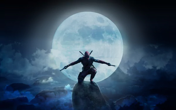 HD PC desktop wallpaper of Deadpool from Deadpool 2 movie, silhouetted against a large full moon with a dark, cloudy night background.