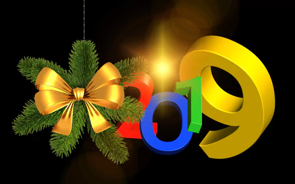 Holiday New Year 2019 HD PC desktop wallpaper/background: colorful 2019 numerals with a large gold 9, fir sprig and shiny gold bow on a dark bokeh background.