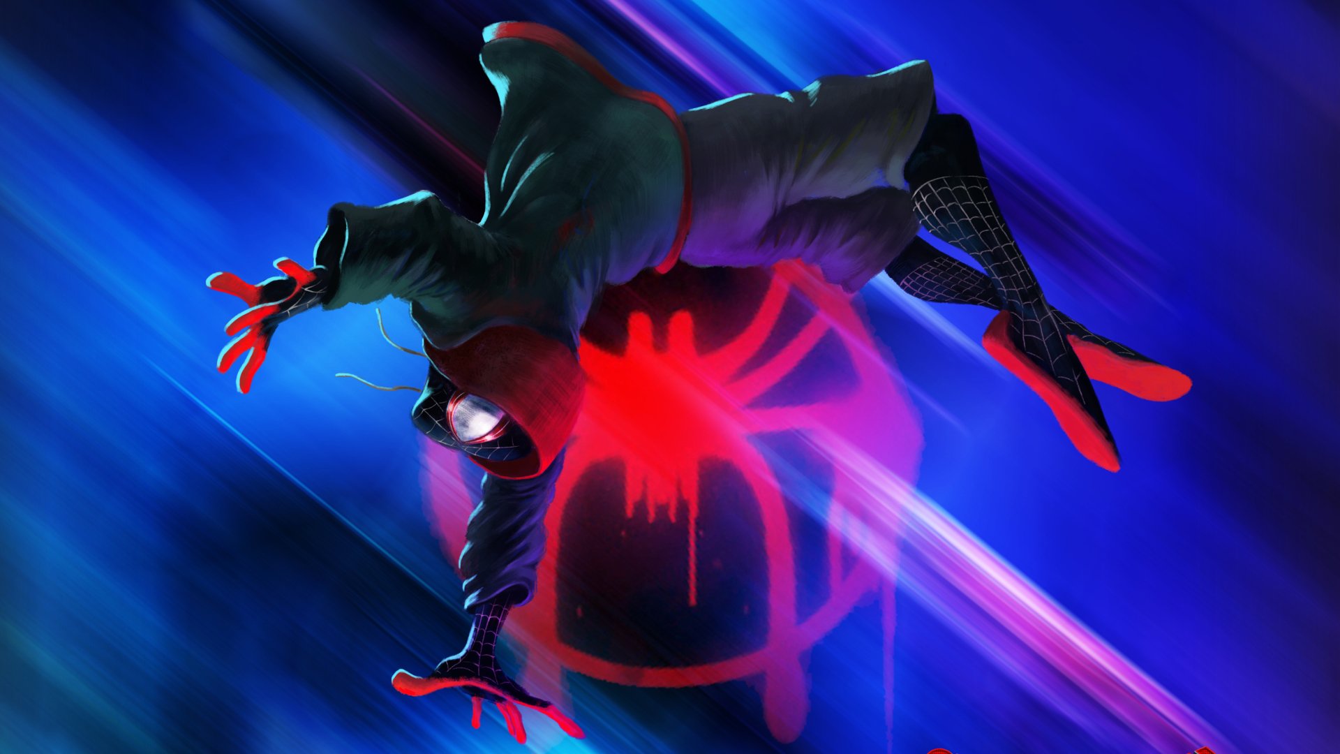 HD PC desktop wallpaper featuring Miles Morales as Spider-Man from the movie Spider-Man: Into The Spider-Verse in an action pose against a vibrant blue background.