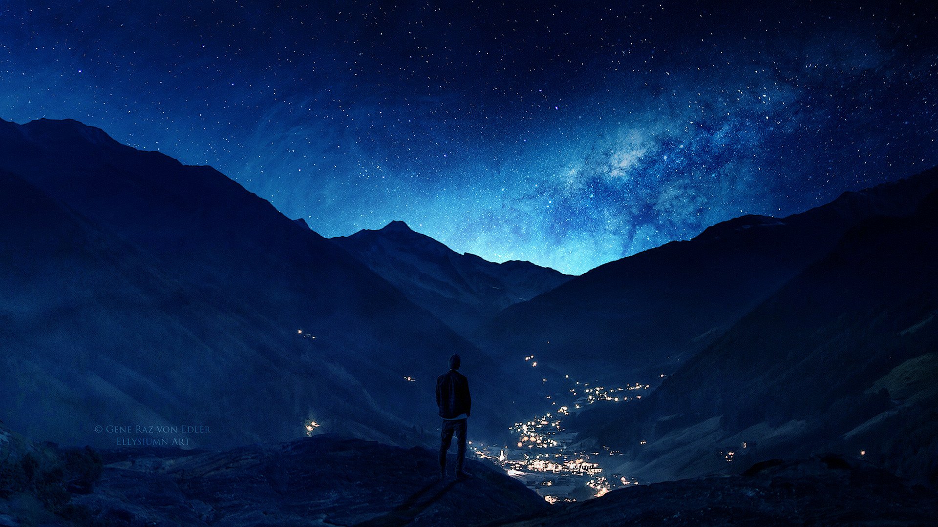 HD desktop wallpaper featuring a man standing on a hill overlooking a glowing village under a starry night sky, blending photography and digital manipulation.
