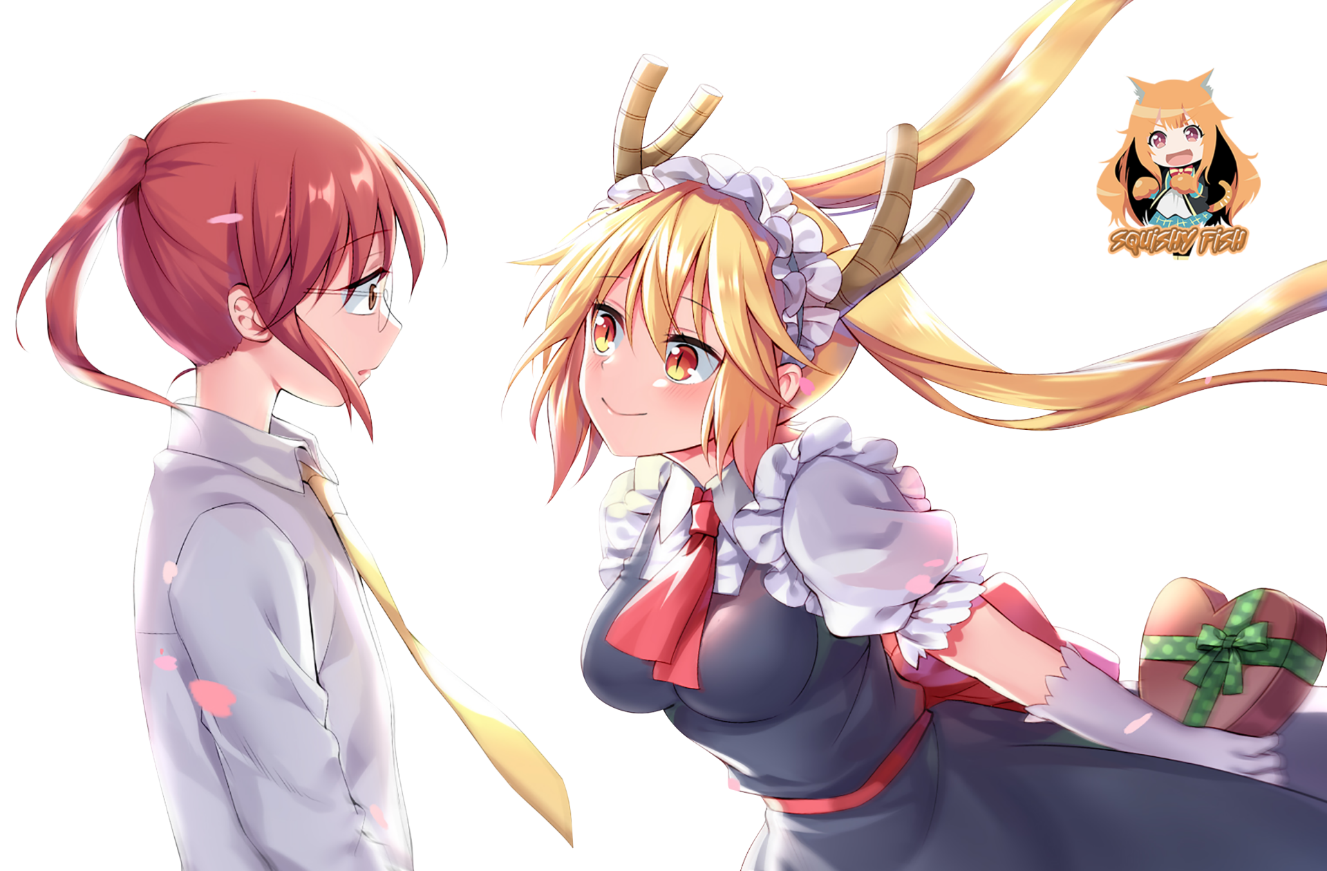 2K Quad HD anime wallpaper of Tohru (Miss Kobayashi's Dragon Maid) offering a wrapped gift to Kobayashi, bright, playful encounter.