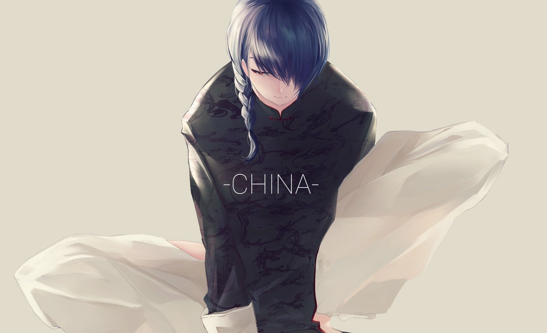 Anime original HD PC desktop wallpaper/background: braided-haired character in a dark coat, head bowed as white fabric flows around them on a pale backdrop, centered -CHINA- text.