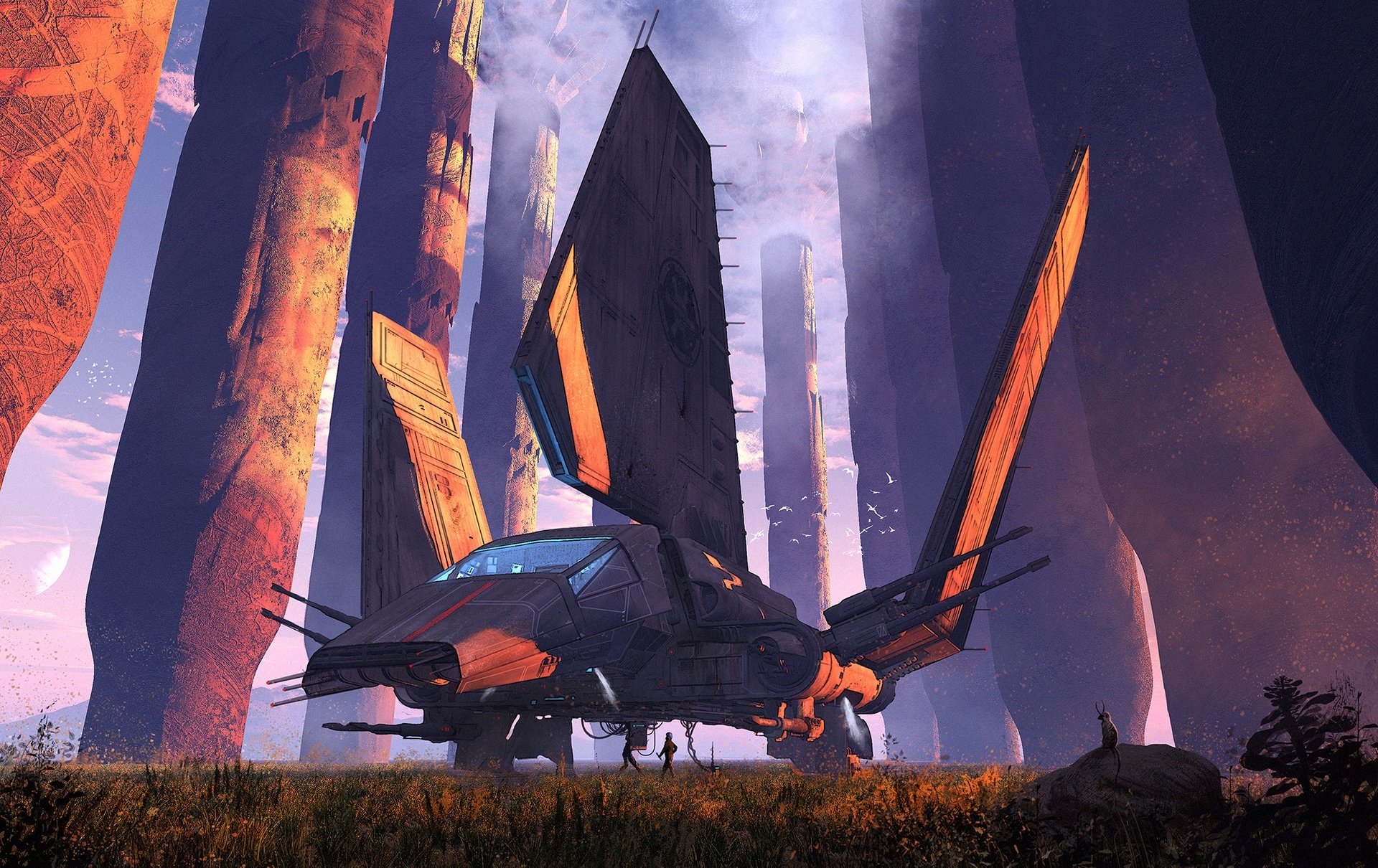 Sci-fi spaceship with glowing orange accents lands in a mysterious alien landscape, designed as an HD PC desktop wallpaper and background.