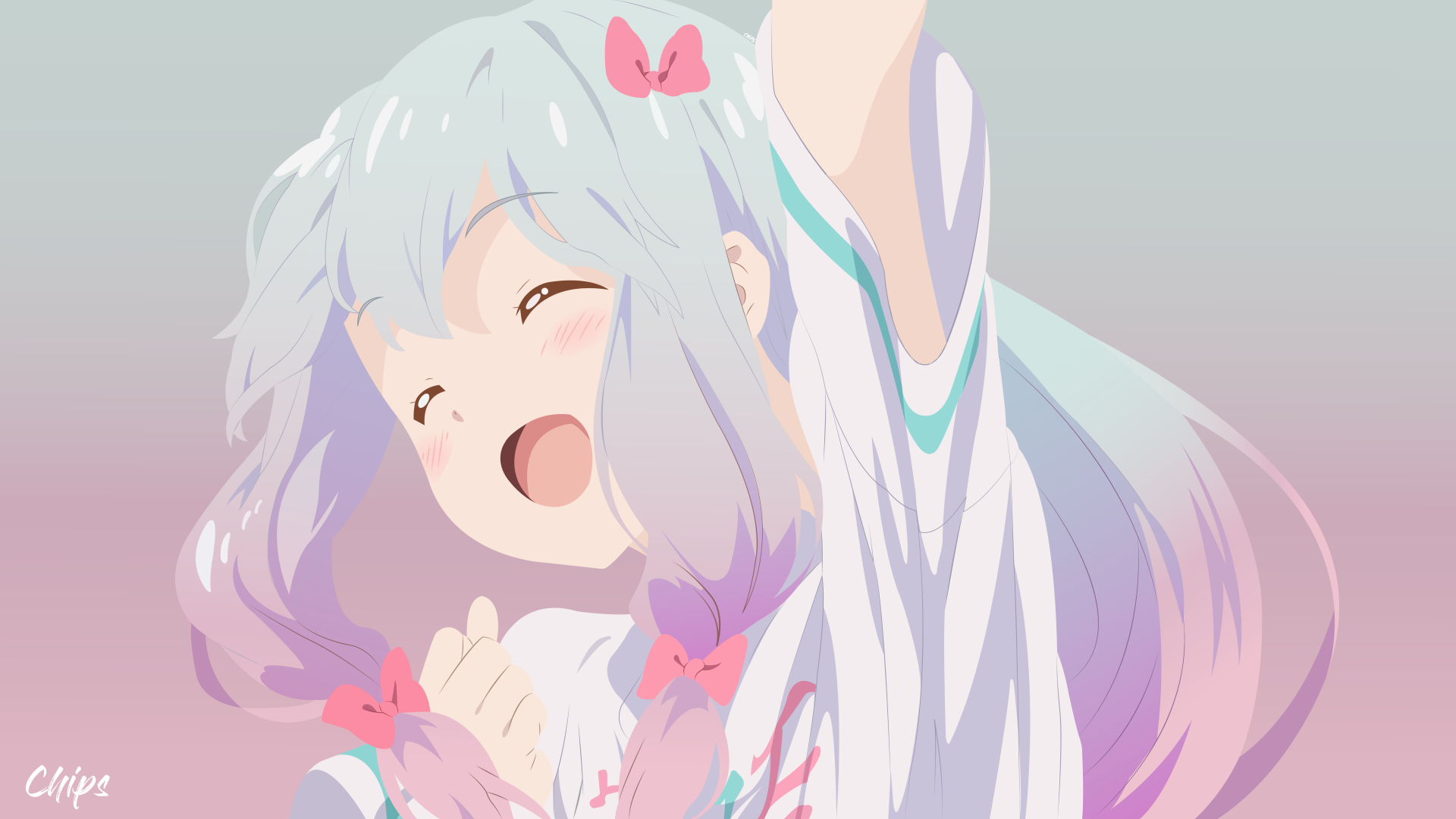 Illustration of Sagiri Izumi from EroManga-Sensei in soft pastel colors, rendered as an 8K Ultra HD anime-style PC desktop wallpaper.