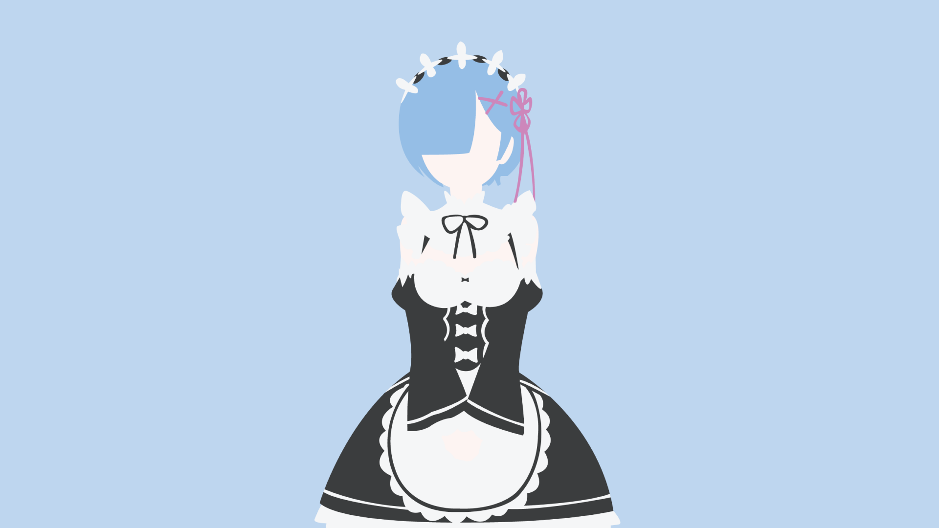 HD PC desktop wallpaper featuring Rem from the anime Re:Zero - Starting Life in Another World, depicted in her iconic maid outfit against a light blue background.