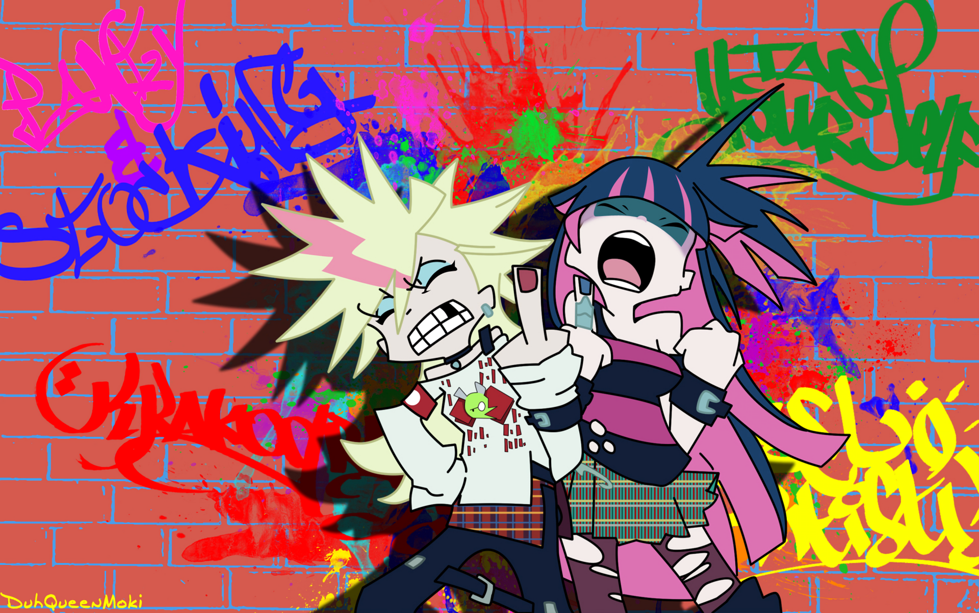 2K Quad HD PC desktop wallpaper: vibrant anime-style scene of two punk girls—spiky pastel and dark hair—wrestling playfully with grins, blood splatter and neon graffiti on a red brick wall.