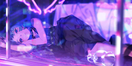A vibrant 4K Ultra HD anime original wallpaper featuring a girl with blue hair lying on a glowing floor, surrounded by soft purple and pink neon lights.