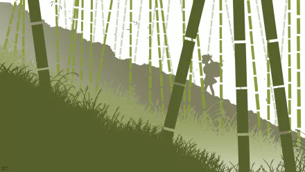 Mayoi Hachikuji (Monogatari Series) silhouette with backpack walking through a minimalist green bamboo forest — 4K Ultra HD PC wallpaper