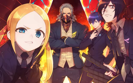 SSSS.Gridman 2K Quad HD PC wallpaper: anime lineup of Vit, Max, Samurai Calibur and Borr standing resolute before a fiery stained-glass background.