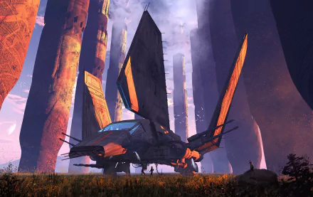 Sci-fi spaceship with glowing orange accents lands in a mysterious alien landscape, designed as an HD PC desktop wallpaper and background.