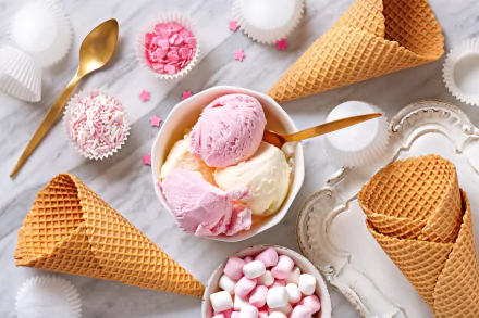 HD desktop wallpaper featuring a still life of pink and white ice cream scoops in a bowl, surrounded by waffle cones, marshmallows, and decorative sweets on a light background.