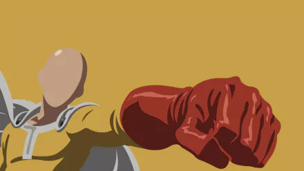 HD PC desktop wallpaper featuring Saitama from the anime One-Punch Man in a dynamic punch pose against a solid mustard background.
