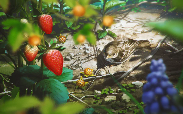 A high-definition anime-style desktop wallpaper featuring a bird and strawberries in a lush, sunlit garden.