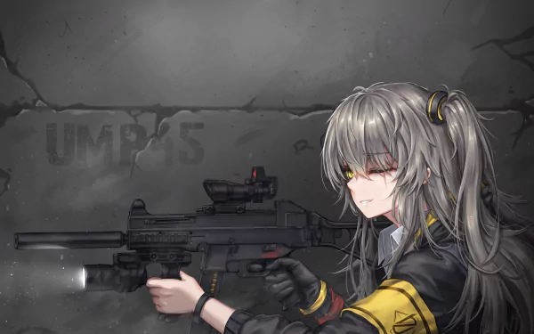 UMP45 (Girls' Frontline) anime-style character aiming a submachine gun, gray hair with yellow accents — 4K Ultra HD PC desktop wallpaper/background, video game artwork.